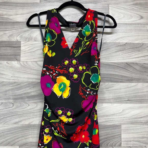 David Meister Halter Asymmetrical Dress Women's 10 Black Pink Floral Sleeveless - Picture 6 of 15